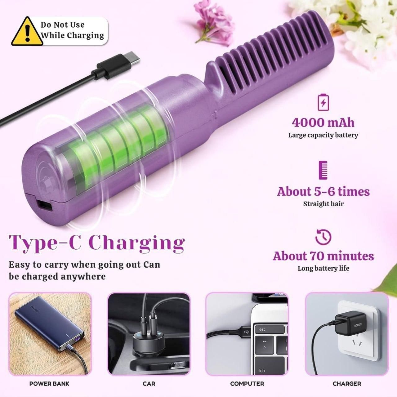 Meneflix Portable Mini Hair Straightener Cordless Rechargeable Mini Adjustable Hair Straightener Hot Comb (Best For All Hair Type)